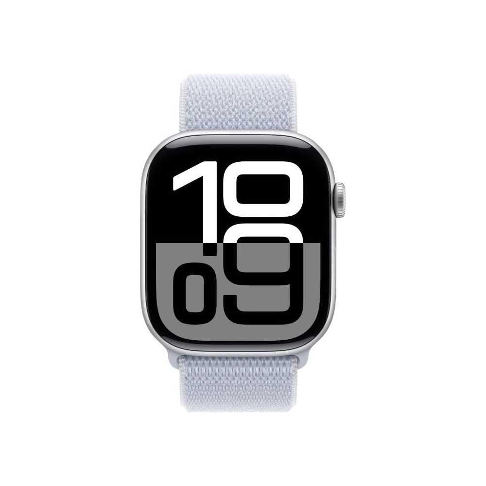 Apple Watch Series 10 (GPS + Cellular 46 mm) Smartwatch mit Aluminiumgehäuse in Silber und Sport Loop in Blaue Wolke (One Size). Fitnesstracker, EKG App, Always-On Retina Display, CO₂ neutral