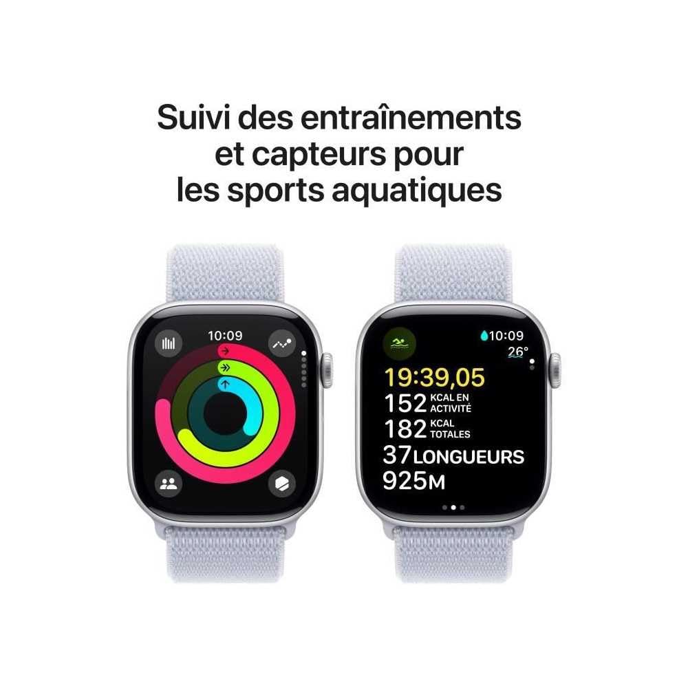 Apple Watch Series 10 (GPS + Cellular 46 mm) Smartwatch mit Aluminiumgehäuse in Silber und Sport Loop in Blaue Wolke (One Size). Fitnesstracker, EKG App, Always-On Retina Display, CO₂ neutral