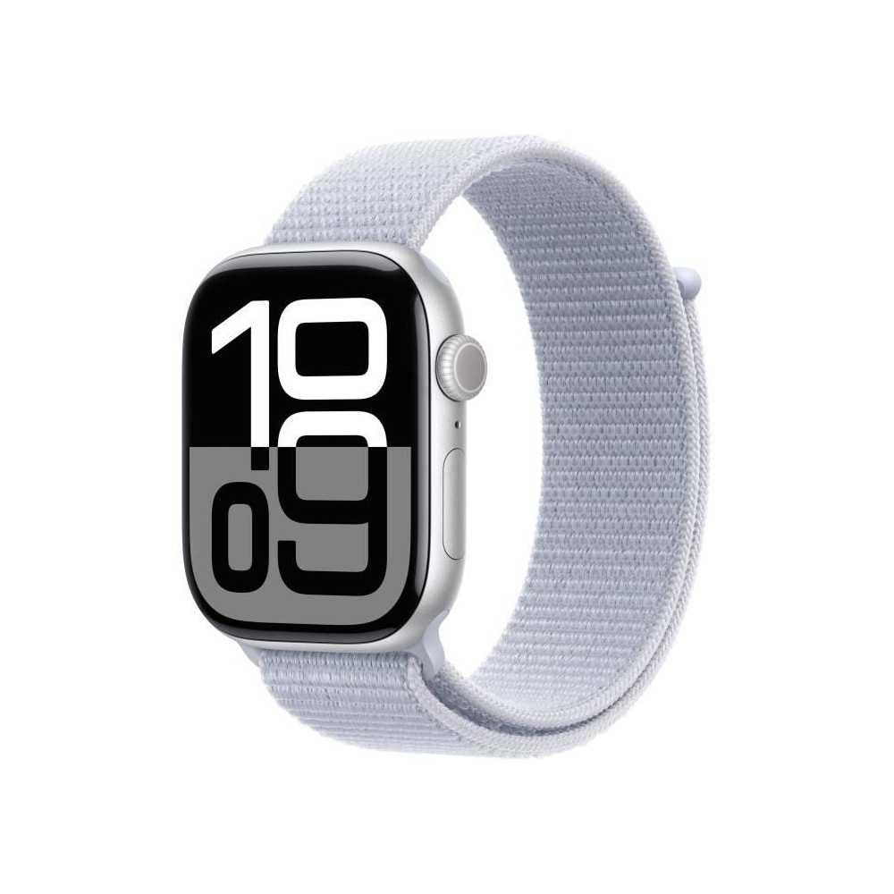 Apple Watch Series 10 (GPS + Cellular 46 mm) Smartwatch mit Aluminiumgehäuse in Silber und Sport Loop in Blaue Wolke (One Size). Fitnesstracker, EKG App, Always-On Retina Display, CO₂ neutral