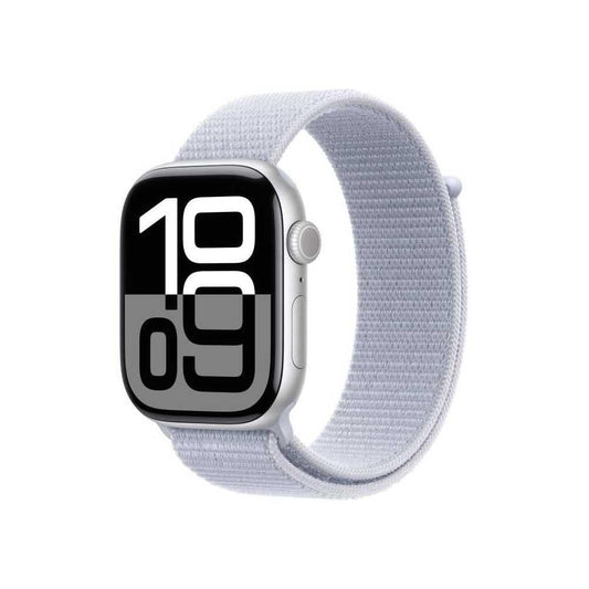 Apple Watch Series 10 (GPS + Cellular 46 mm) Smartwatch mit Aluminiumgehäuse in Silber und Sport Loop in Blaue Wolke (One Size). Fitnesstracker, EKG App, Always-On Retina Display, CO₂ neutral